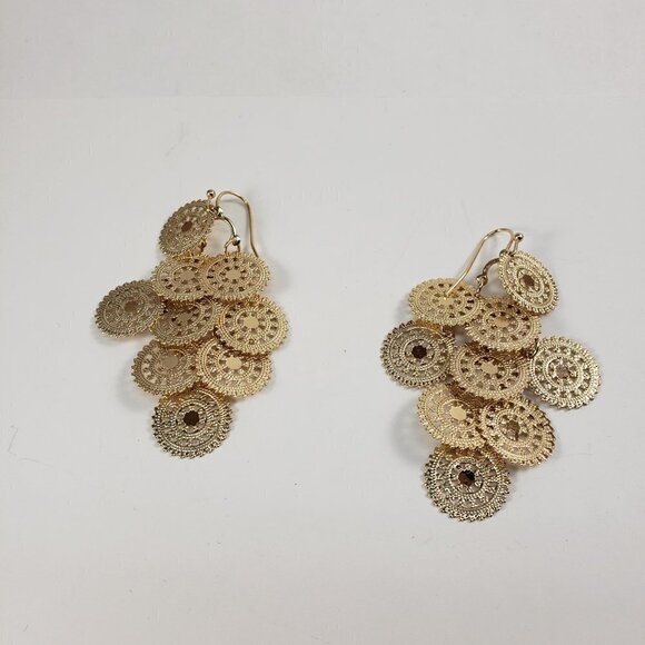 Women's Polished Gold-tone Filigree Round Disc Chandelier Drop Dangle Earrings - Picture 5 of 6